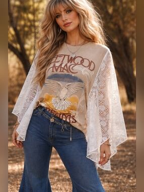 Upcycled Fleetwood Mac Band Tee With Lace Sleeves